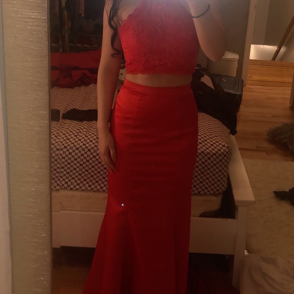 Red two piece prom dress